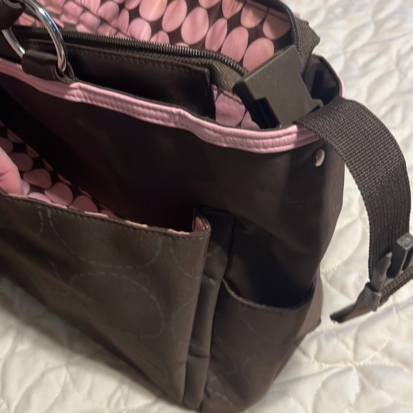 Carters brown/pink large diaper bag. Plastic lined w/ pockets & clips stroller. - Picture 4 of 4
